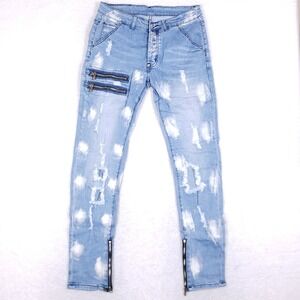 Hengao Mens 32 Light Wash Distressed Bleached Zipper Streetwear Slim Jeans Blue